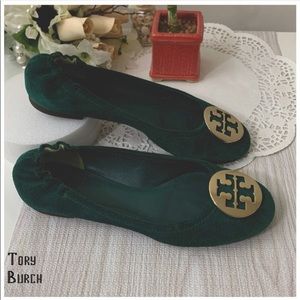 🔥2x HP🔥Tory Burch Suede Emerald Green Reva Flats